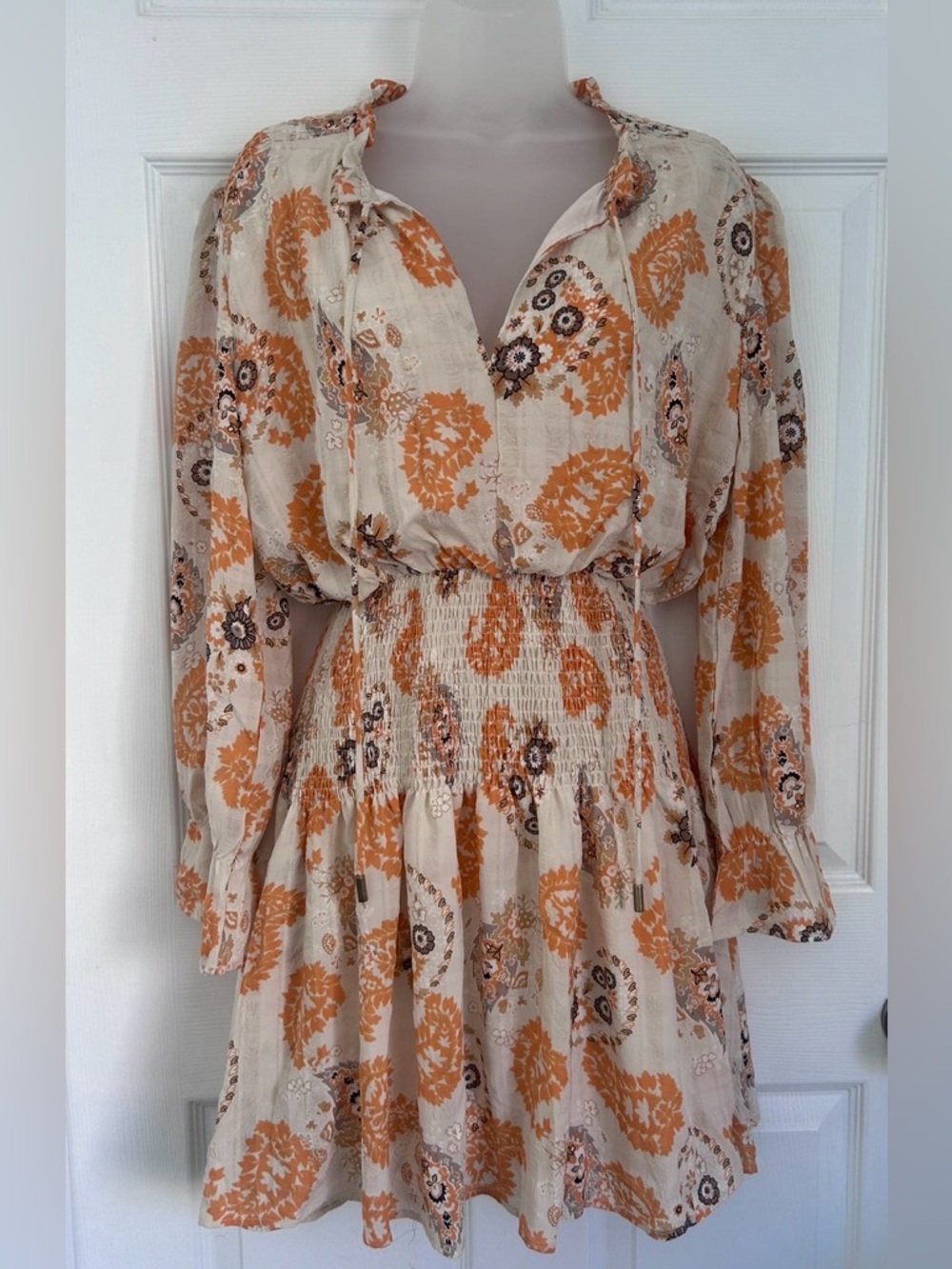 Bishop + Young Marmont Mini Dress Medium Cream Yellow Paisley Print Boho 70s
